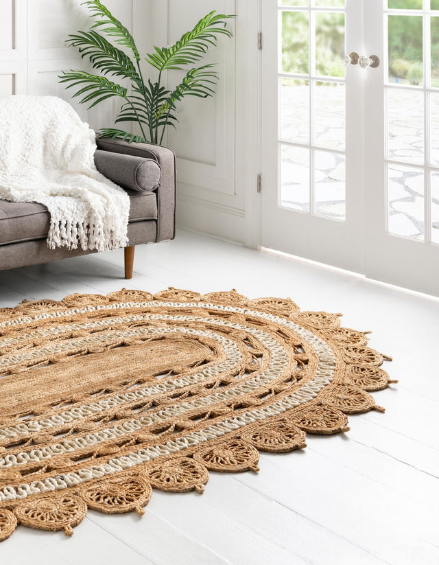 Natural and White 5' 1 x 8' Braided Jute Oval Rug