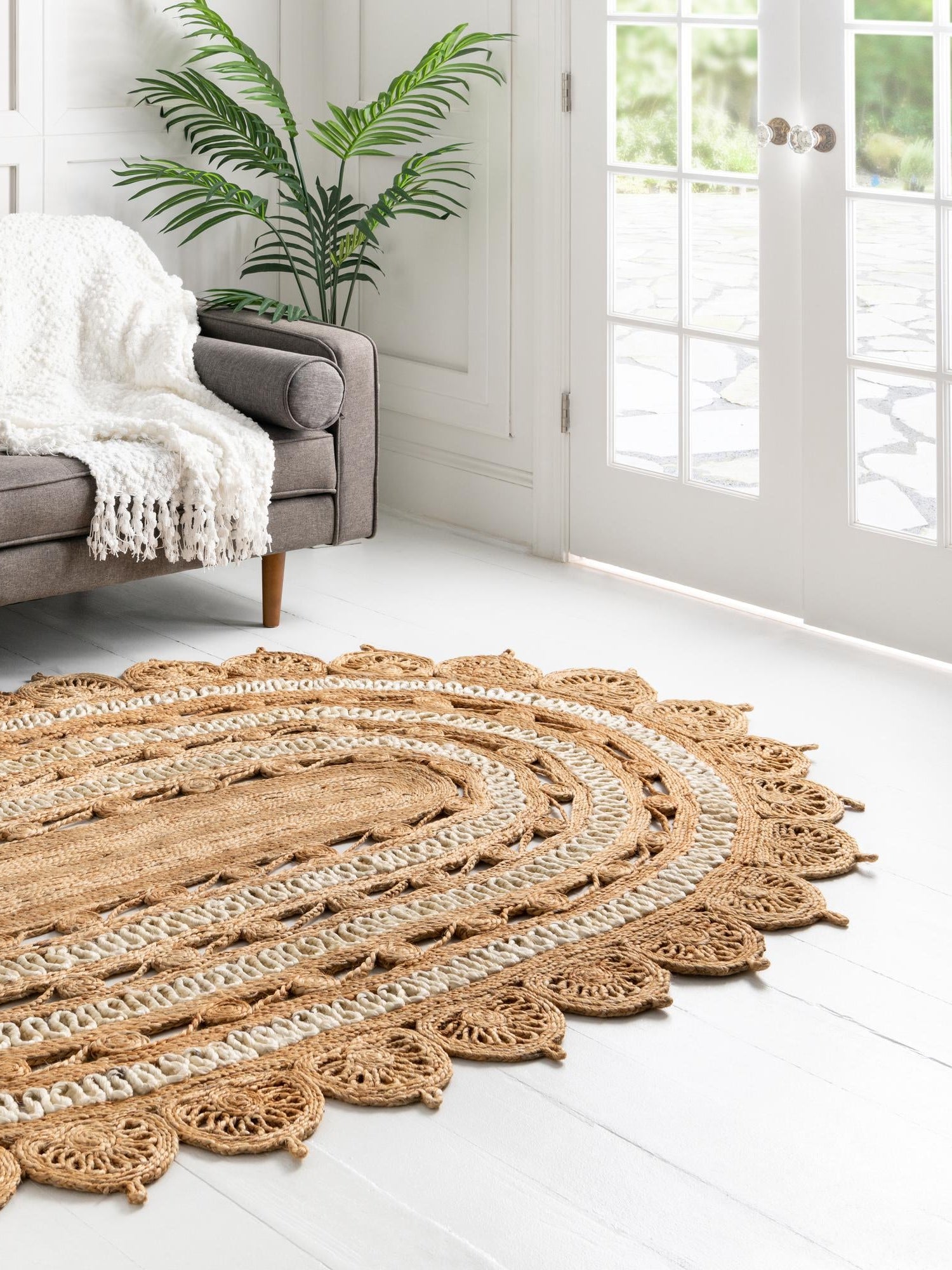 Natural and White 7' 10 x 10' Braided Jute Oval Area Rug 100% Jute Hand Braided Natural Eco-Friendly Boho Style Carpet for Living Rooms Dining Office Space Dorms for Sale at Rug Engine
