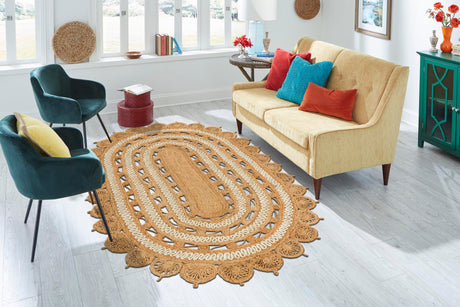 Natural and White 5' 1 x 8' Braided Jute Oval Area Rug 100% Jute Hand Braided Natural Eco-Friendly Boho Style Carpet for Living Rooms Dining Office Space Dorms for Sale at Rug Engine