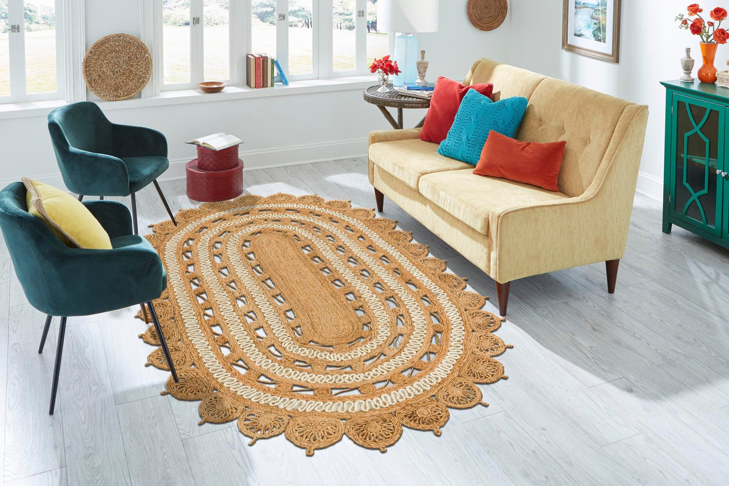 Natural and White 4' 1 x 6' 1 Braided Jute Oval Area Rug 100% Jute Hand Braided Natural Eco-Friendly Boho Style Carpet for Living Rooms Dining Office Space Dorms for Sale at Rug Engine