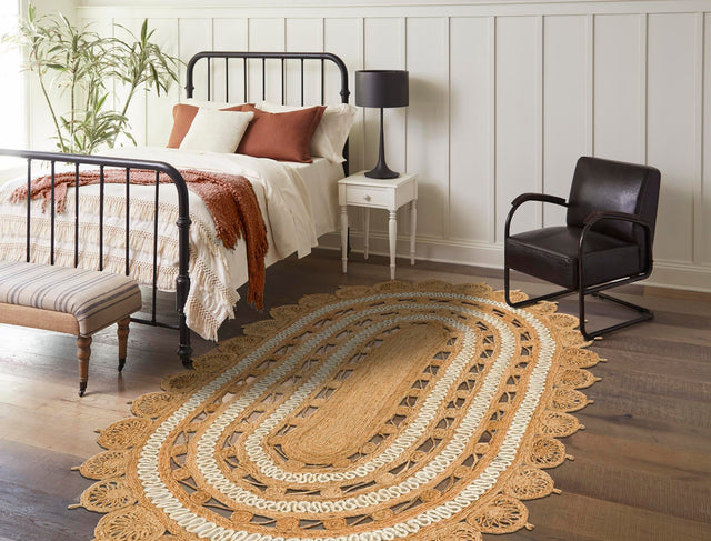Natural and White 5' 1 x 8' Braided Jute Oval Rug