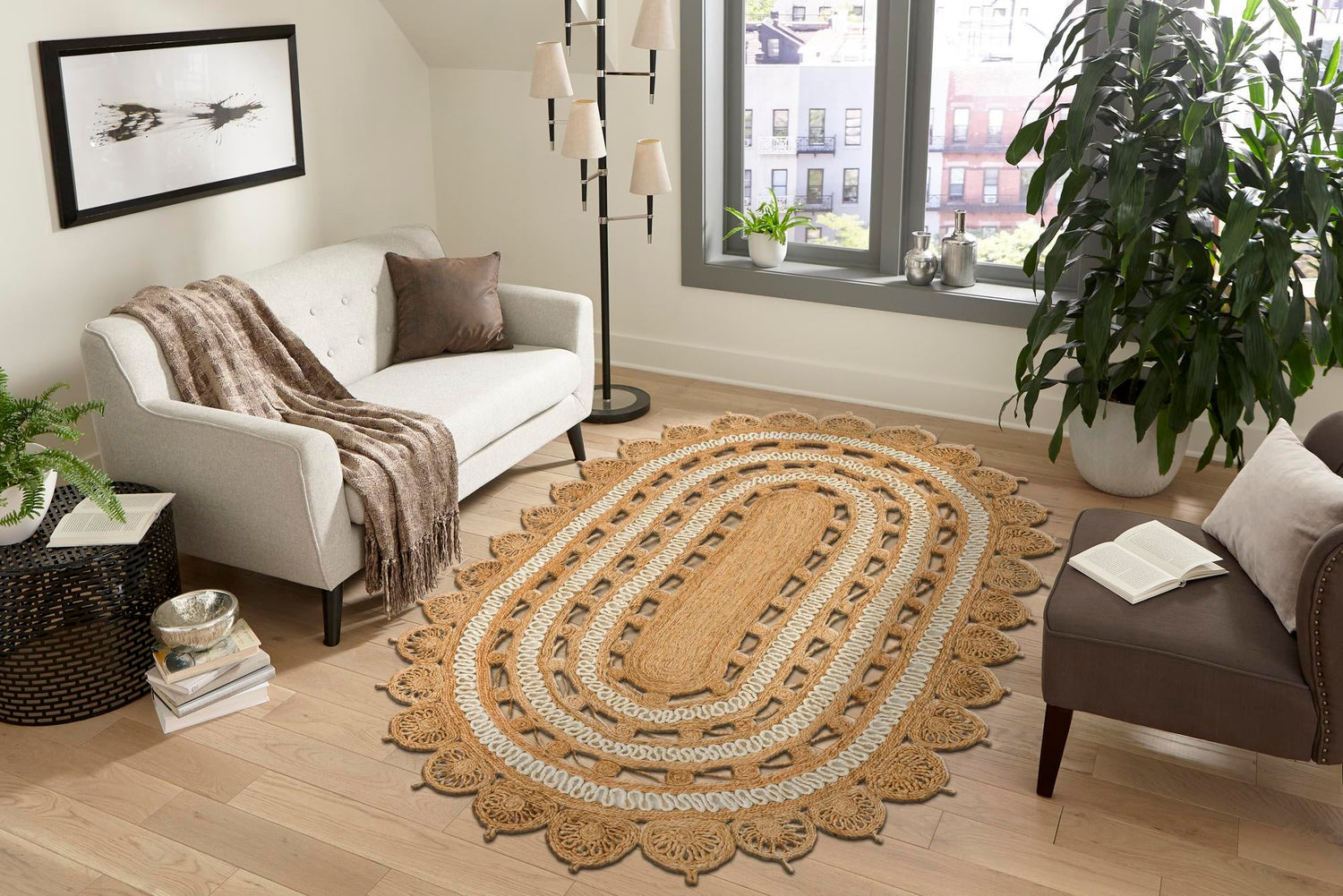 Natural and White 7' 10 x 10' Braided Jute Oval Area Rug 100% Jute Hand Braided Natural Eco-Friendly Boho Style Carpet for Living Rooms Dining Office Space Dorms for Sale at Rug Engine