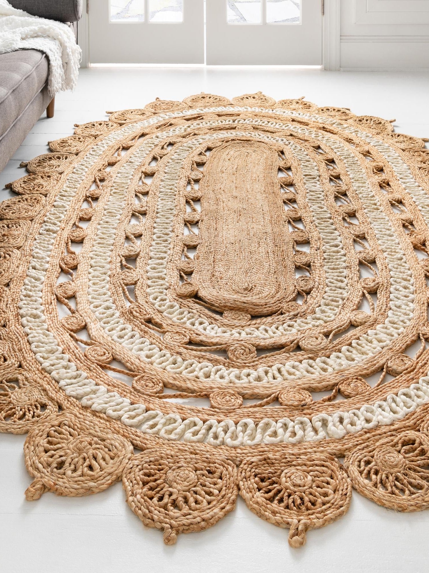 Natural and White 2' x 3' 1 Braided Jute Oval Area Rug 100% Jute Hand Braided Natural Eco-Friendly Boho Style Carpet for Living Rooms Dining Office Space Dorms for Sale at Rug Engine