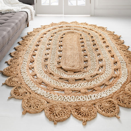 Natural and White 2' x 3' 1 Braided Jute Oval Area Rug 100% Jute Hand Braided Natural Eco-Friendly Boho Style Carpet for Living Rooms Dining Office Space Dorms for Sale at Rug Engine