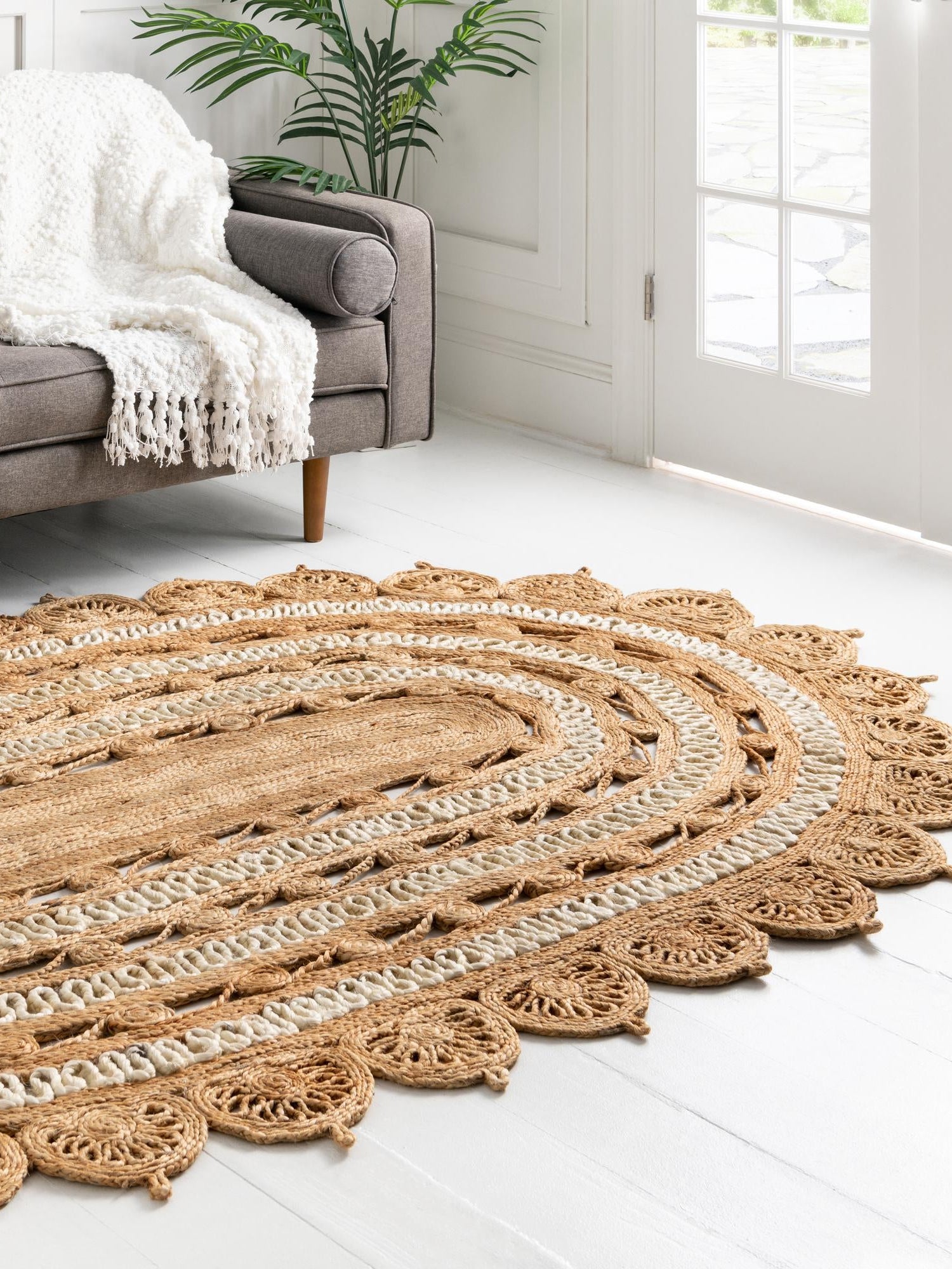 Natural and White 5' 1 x 8' Braided Jute Oval Area Rug 100% Jute Hand Braided Natural Eco-Friendly Boho Style Carpet for Living Rooms Dining Office Space Dorms for Sale at Rug Engine