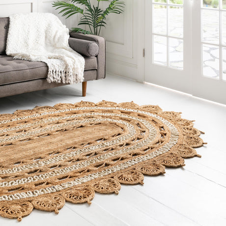 Natural and White 5' 1 x 8' Braided Jute Oval Area Rug 100% Jute Hand Braided Natural Eco-Friendly Boho Style Carpet for Living Rooms Dining Office Space Dorms for Sale at Rug Engine