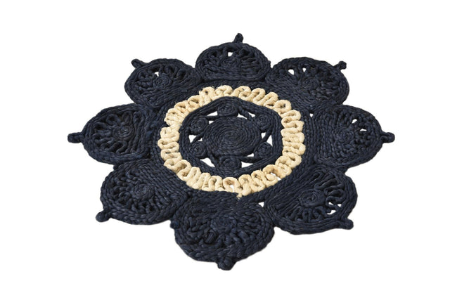Navy Blue and White 2' x 2' Braided Jute Round Rug