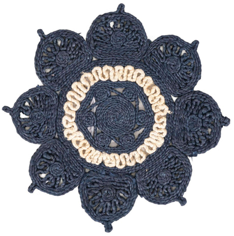 Navy Blue and White 2' x 2' Braided Jute Round Rug