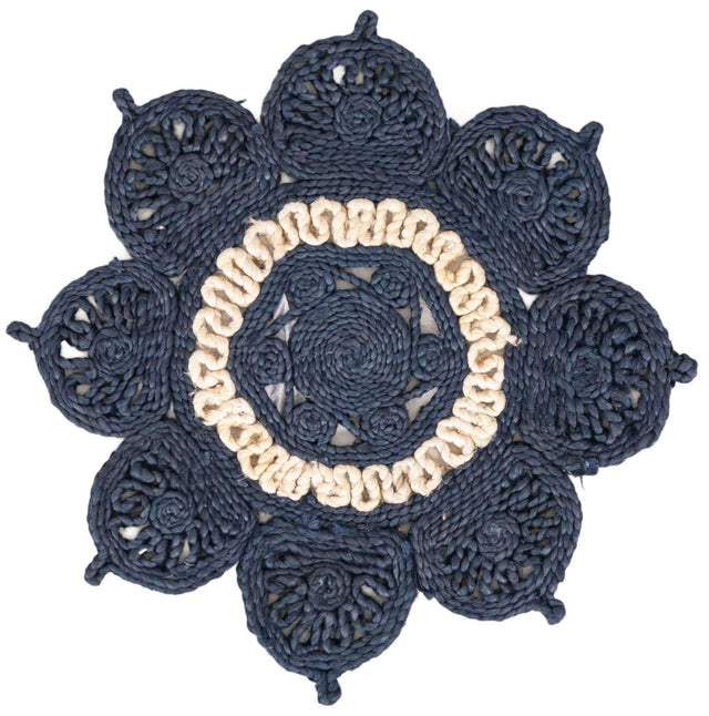 Navy Blue and White 2' x 2' Braided Jute Round Rug