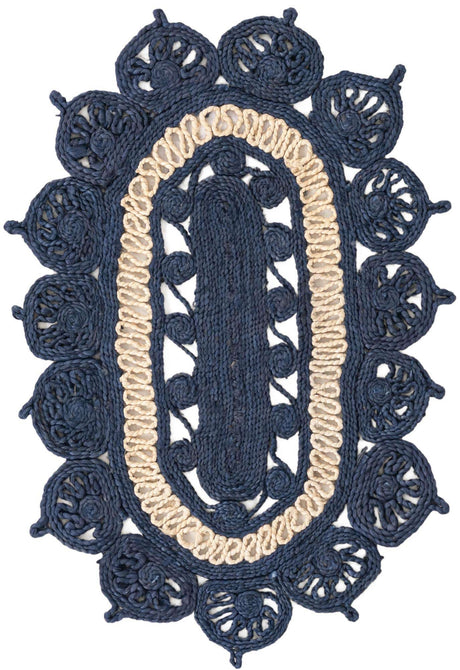 Navy Blue and White 2' x 3' 1 Braided Jute Oval Rug