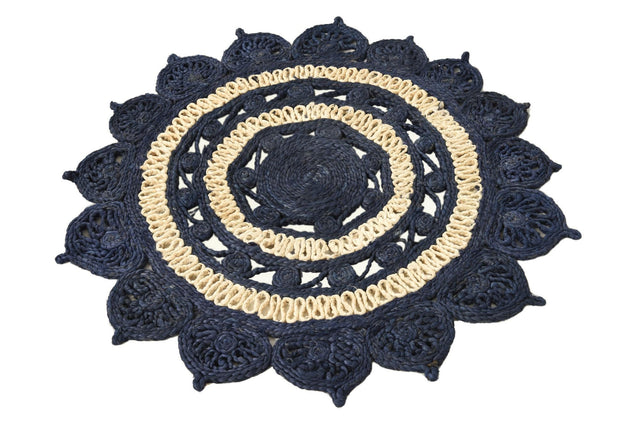 Navy Blue and White 3' 1 x 3' 1 Braided Jute Round Rug