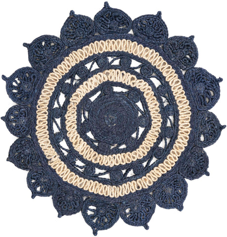 Navy Blue and White 3' 1 x 3' 1 Braided Jute Round Rug