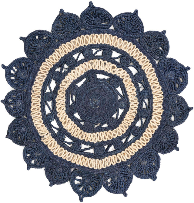 Navy Blue and White 3' 1 x 3' 1 Braided Jute Round Rug
