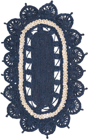 Navy Blue and White 3' 1 x 5' 1 Braided Jute Oval Rug