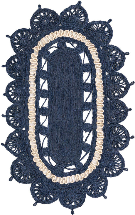 Navy Blue and White 3' 1 x 5' 1 Braided Jute Oval Rug