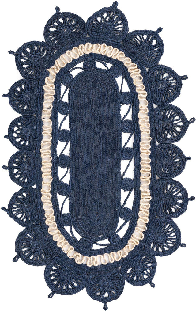 Navy Blue and White 3' 1 x 5' 1 Braided Jute Oval Rug