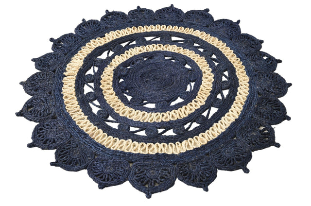 Navy Blue and White 4' 1 x 4' 1 Braided Jute Round Rug