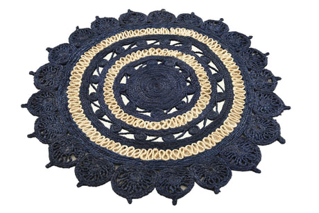 Navy Blue and White 4' 1 x 4' 1 Braided Jute Round Area Rug 100% Jute Hand Braided Natural Eco-Friendly Boho Style Carpet for Living Rooms Dining Office Space Dorms for Sale at Rug Engine