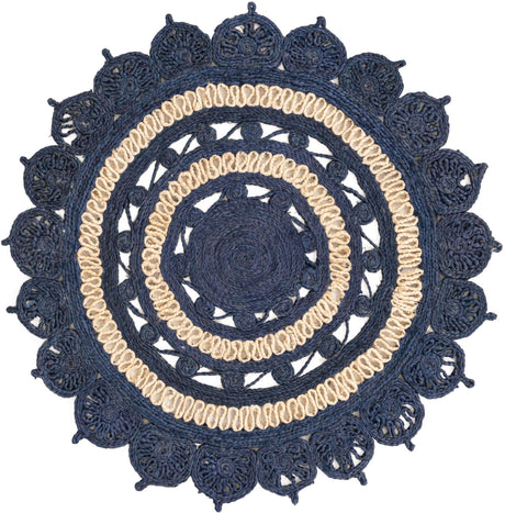 Navy Blue and White 4' 1 x 4' 1 Braided Jute Round Rug