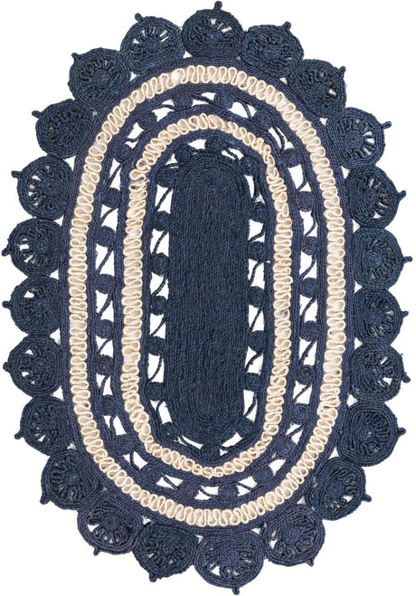 Navy Blue and White 4' 1 x 6' 1 Braided Jute Oval Rug
