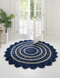 Navy Blue and White 8' x 8' Braided Jute Round Rug