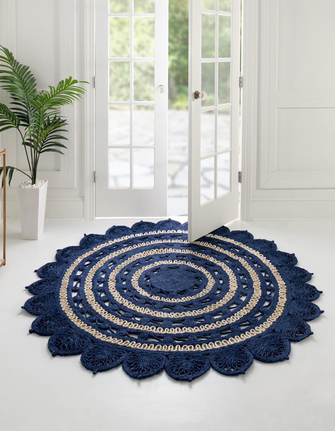 Navy Blue and White 4' 1 x 4' 1 Braided Jute Round Area Rug 100% Jute Hand Braided Natural Eco-Friendly Boho Style Carpet for Living Rooms Dining Office Space Dorms for Sale at Rug Engine