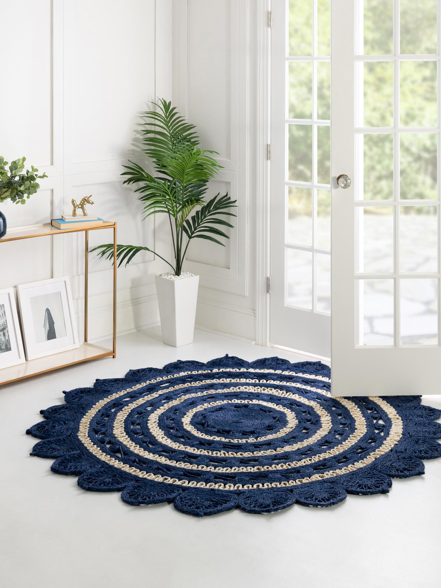 Navy Blue and White 6' 1 x 6' 1 Braided Jute Round Area Rug 100% Jute Hand Braided Natural Eco-Friendly Boho Style Carpet for Living Rooms Dining Office Space Dorms for Sale at Rug Engine