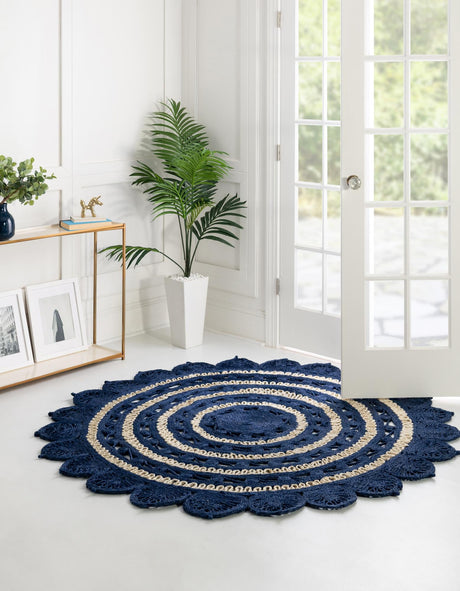 Navy Blue and White 6' 1 x 6' 1 Braided Jute Round Area Rug 100% Jute Hand Braided Natural Eco-Friendly Boho Style Carpet for Living Rooms Dining Office Space Dorms for Sale at Rug Engine