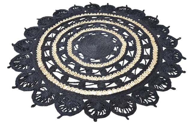 Navy Blue and White 5' 1 x 5' 1 Braided Jute Round Rug