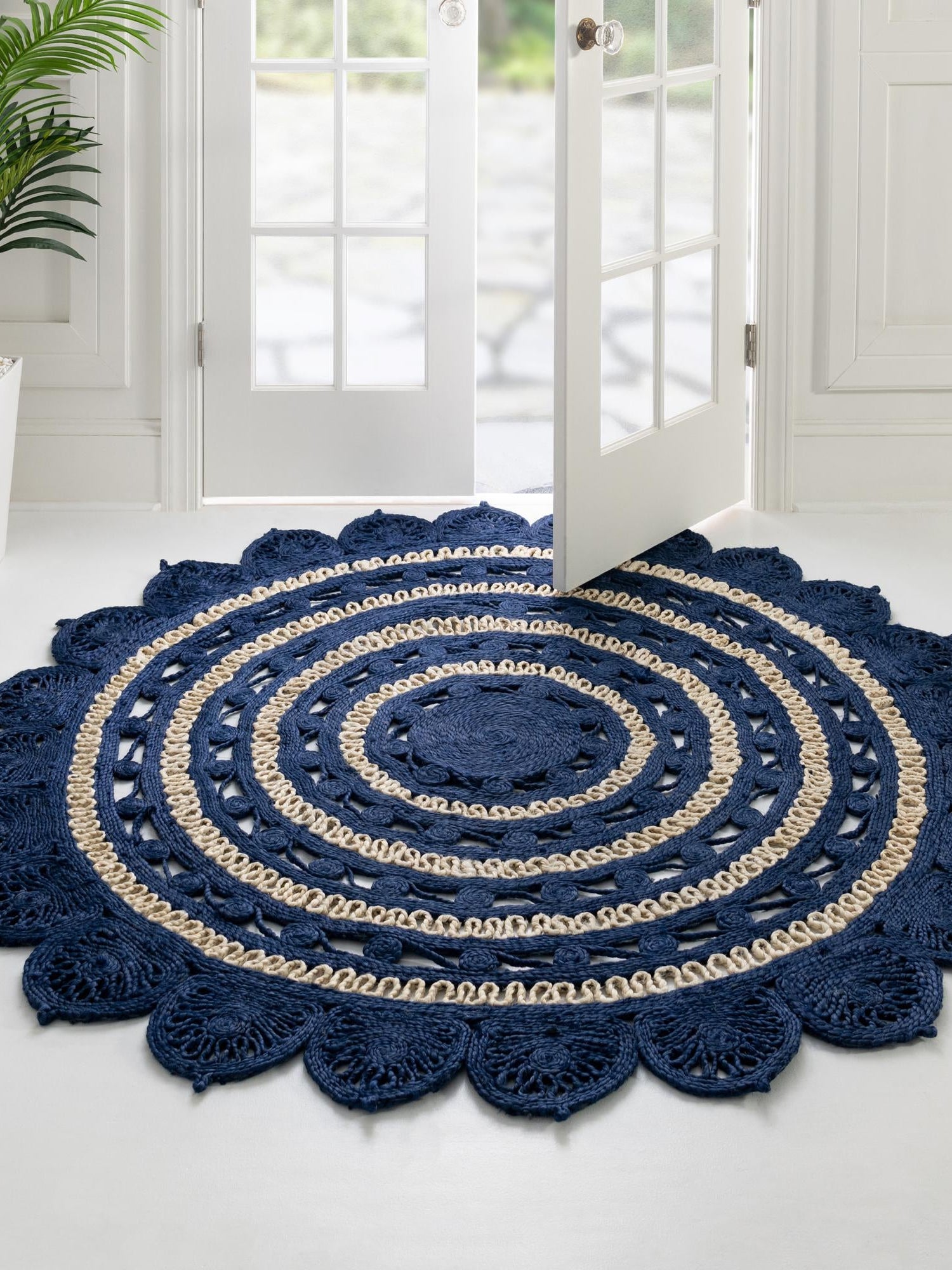 Navy Blue and White 3' 1 x 3' 1 Braided Jute Round Area Rug 100% Jute Hand Braided Natural Eco-Friendly Boho Style Carpet for Living Rooms Dining Office Space Dorms for Sale at Rug Engine