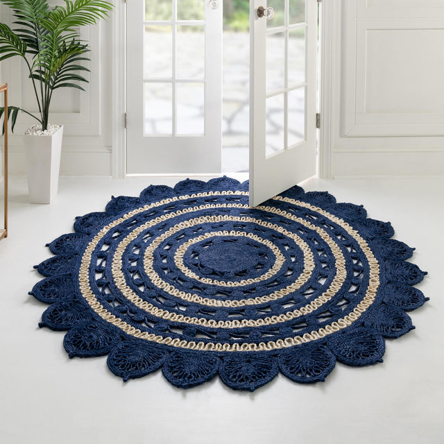Navy Blue and White 6' 1 x 6' 1 Braided Jute Round Rug