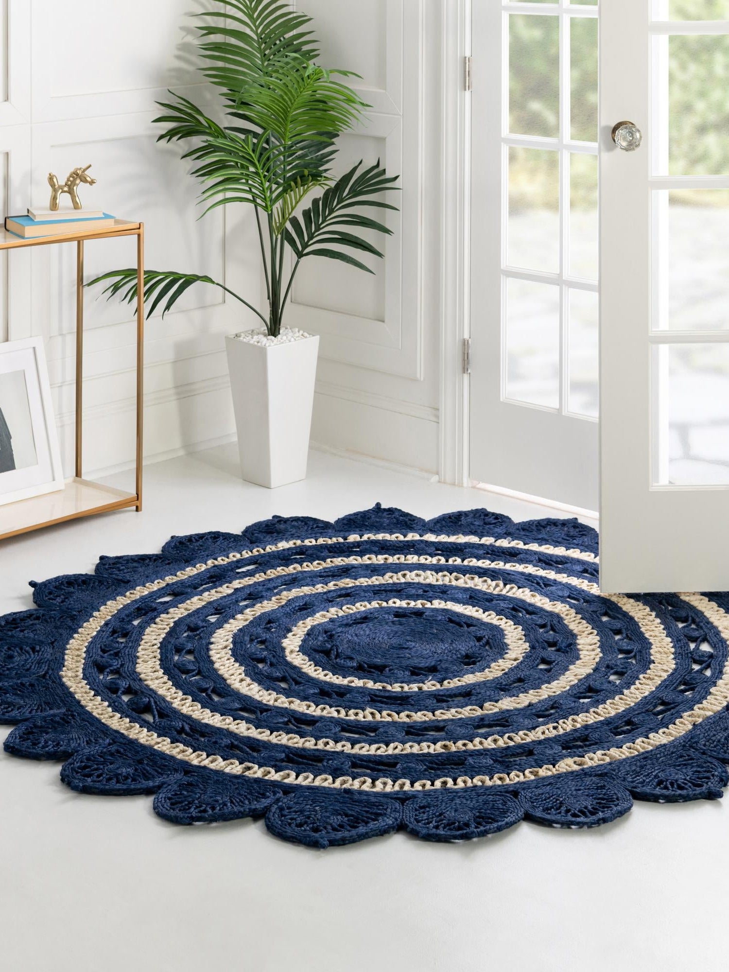 Navy Blue and White 6' 1 x 6' 1 Braided Jute Round Area Rug 100% Jute Hand Braided Natural Eco-Friendly Boho Style Carpet for Living Rooms Dining Office Space Dorms for Sale at Rug Engine
