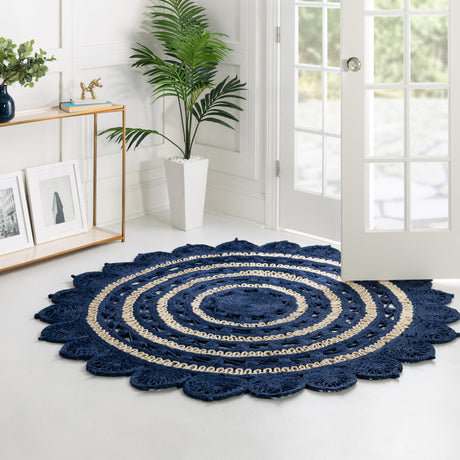 Navy Blue and White 3' 1 x 3' 1 Braided Jute Round Area Rug 100% Jute Hand Braided Natural Eco-Friendly Boho Style Carpet for Living Rooms Dining Office Space Dorms for Sale at Rug Engine