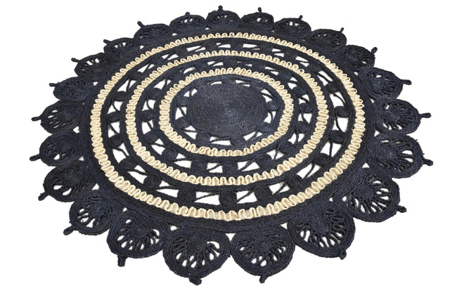 Navy Blue and White 5' 1 x 5' 1 Braided Jute Round Rug