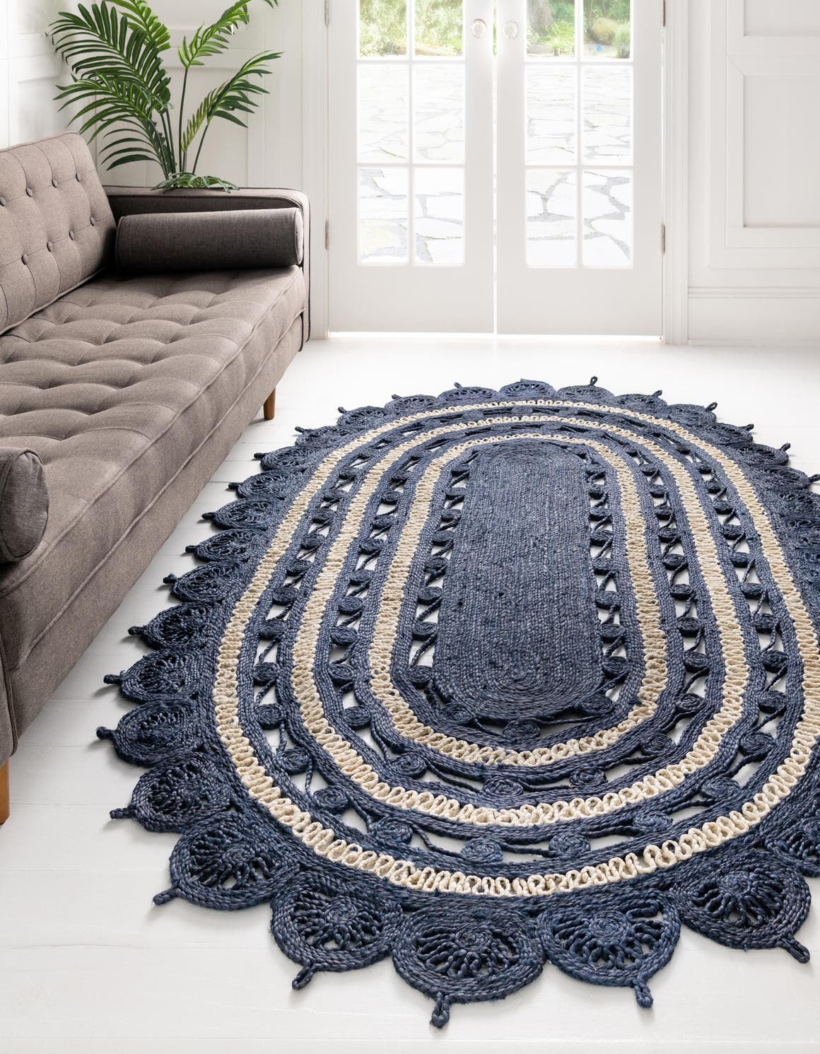 Navy Blue and White 7' 10 x 10' Braided Jute Oval Area Rug 100% Jute Hand Braided Natural Eco-Friendly Boho Style Carpet for Living Rooms Dining Office Space Dorms for Sale at Rug Engine