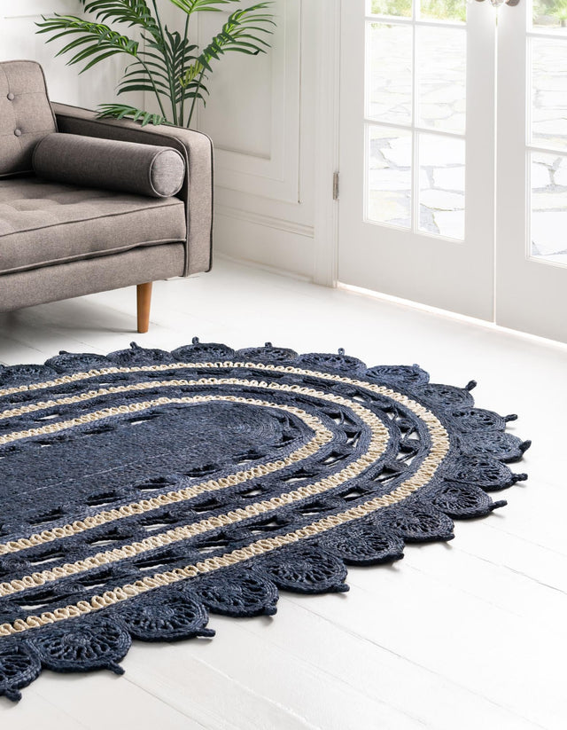 Navy Blue and White 8' x 10' Braided Jute Oval Rug