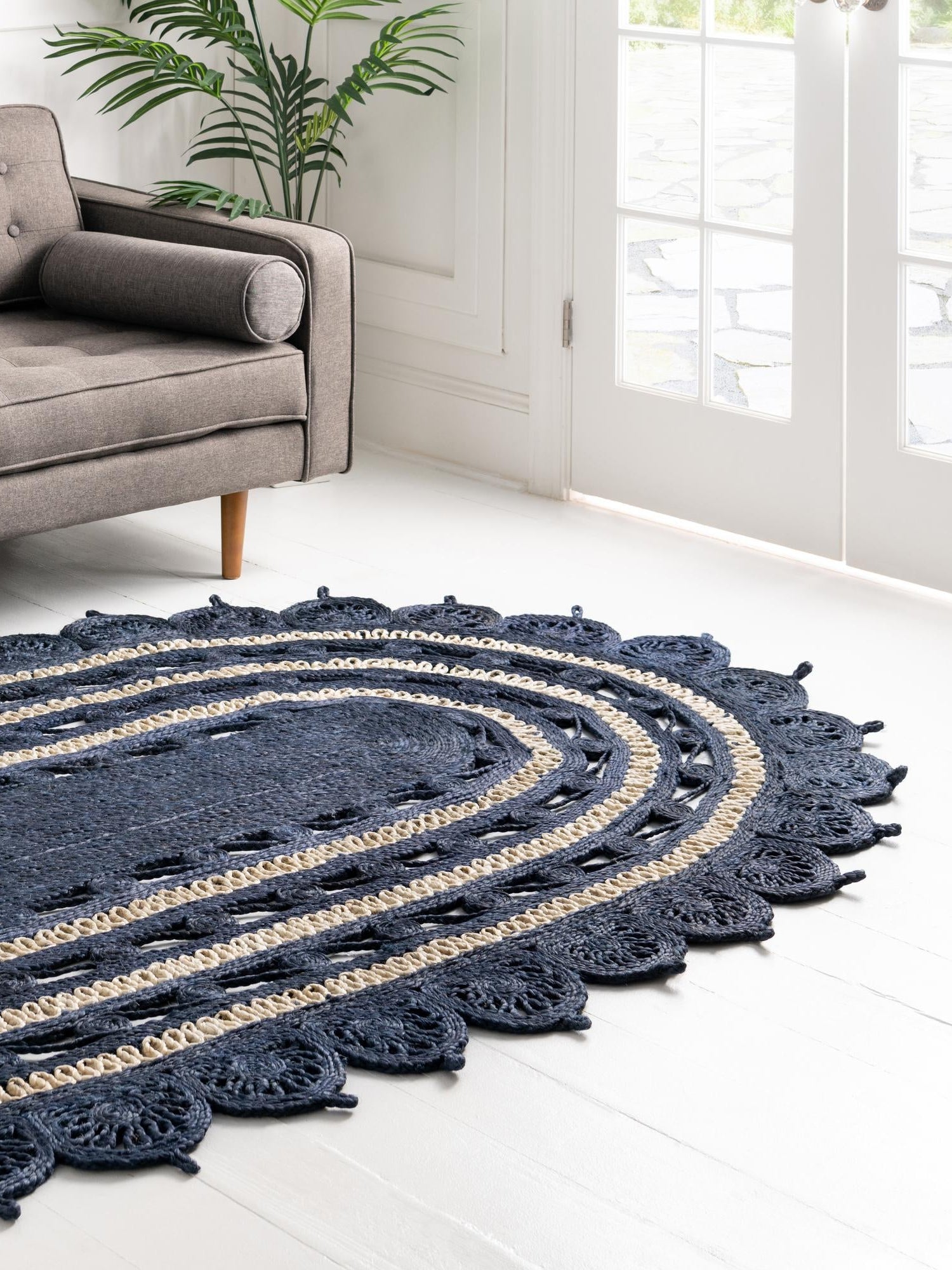 Navy Blue and White 4' 1 x 6' 1 Braided Jute Oval Area Rug 100% Jute Hand Braided Natural Eco-Friendly Boho Style Carpet for Living Rooms Dining Office Space Dorms for Sale at Rug Engine