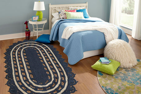 Navy Blue and White 3' 1 x 5' 1 Braided Jute Oval Area Rug 100% Jute Hand Braided Natural Eco-Friendly Boho Style Carpet for Living Rooms Dining Office Space Dorms for Sale at Rug Engine