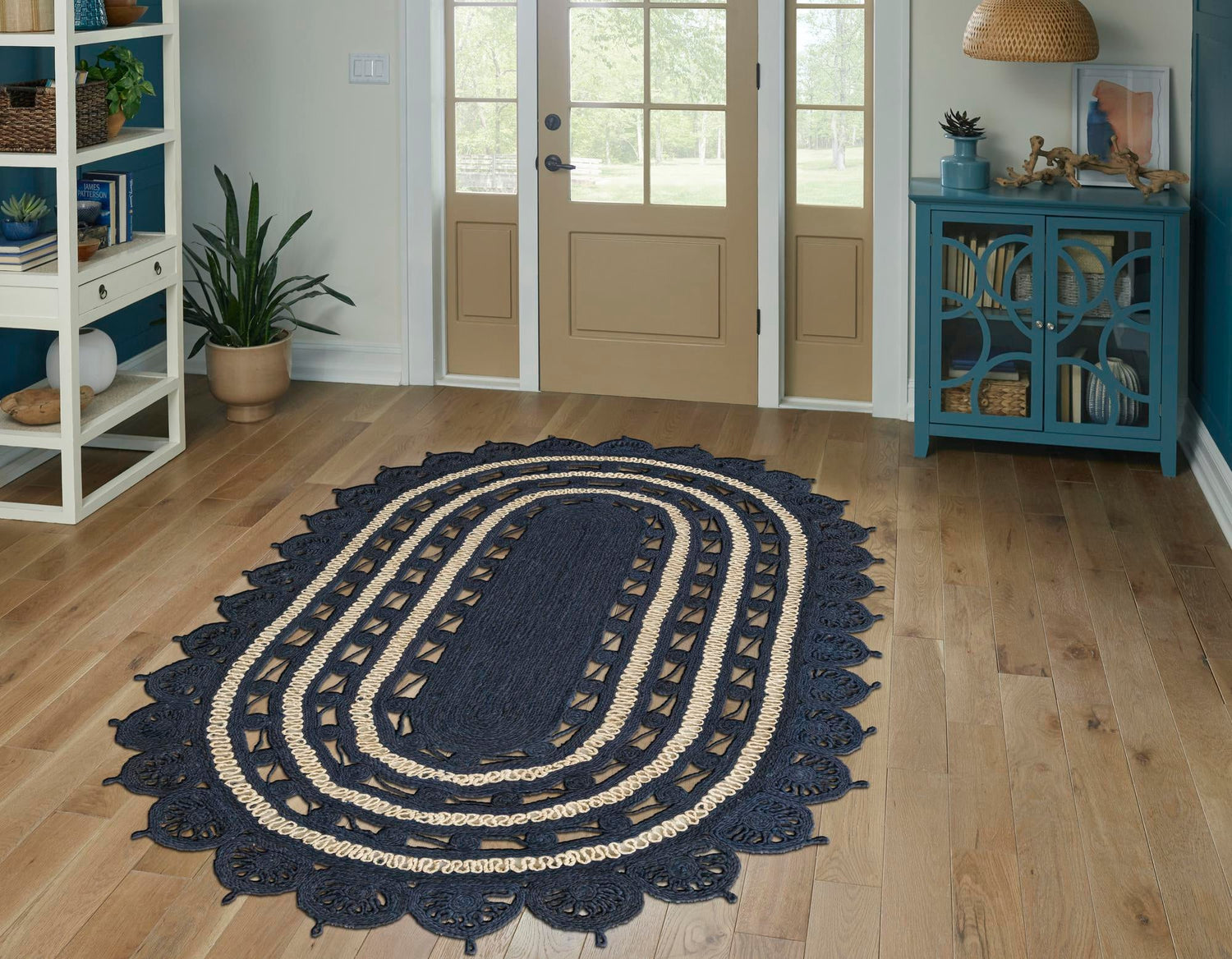 Navy Blue and White 5' 1 x 8' Braided Jute Oval Area Rug 100% Jute Hand Braided Natural Eco-Friendly Boho Style Carpet for Living Rooms Dining Office Space Dorms for Sale at Rug Engine