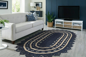 Navy Blue and White 8' x 10' Braided Jute Oval Rug