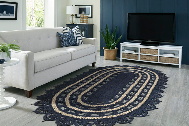 Navy Blue and White 8' x 10' Braided Jute Oval Rug