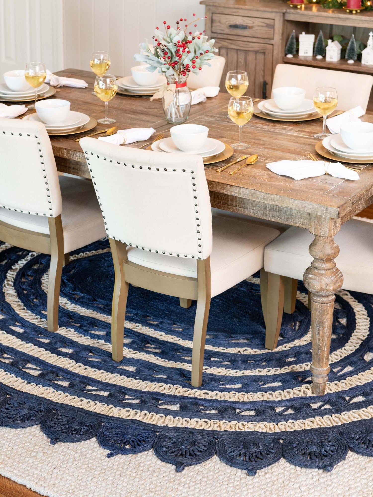 Navy Blue and White 4' 1 x 6' 1 Braided Jute Oval Area Rug 100% Jute Hand Braided Natural Eco-Friendly Boho Style Carpet for Living Rooms Dining Office Space Dorms for Sale at Rug Engine