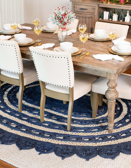 Navy Blue and White 5' 1 x 8' Braided Jute Oval Area Rug 100% Jute Hand Braided Natural Eco-Friendly Boho Style Carpet for Living Rooms Dining Office Space Dorms for Sale at Rug Engine