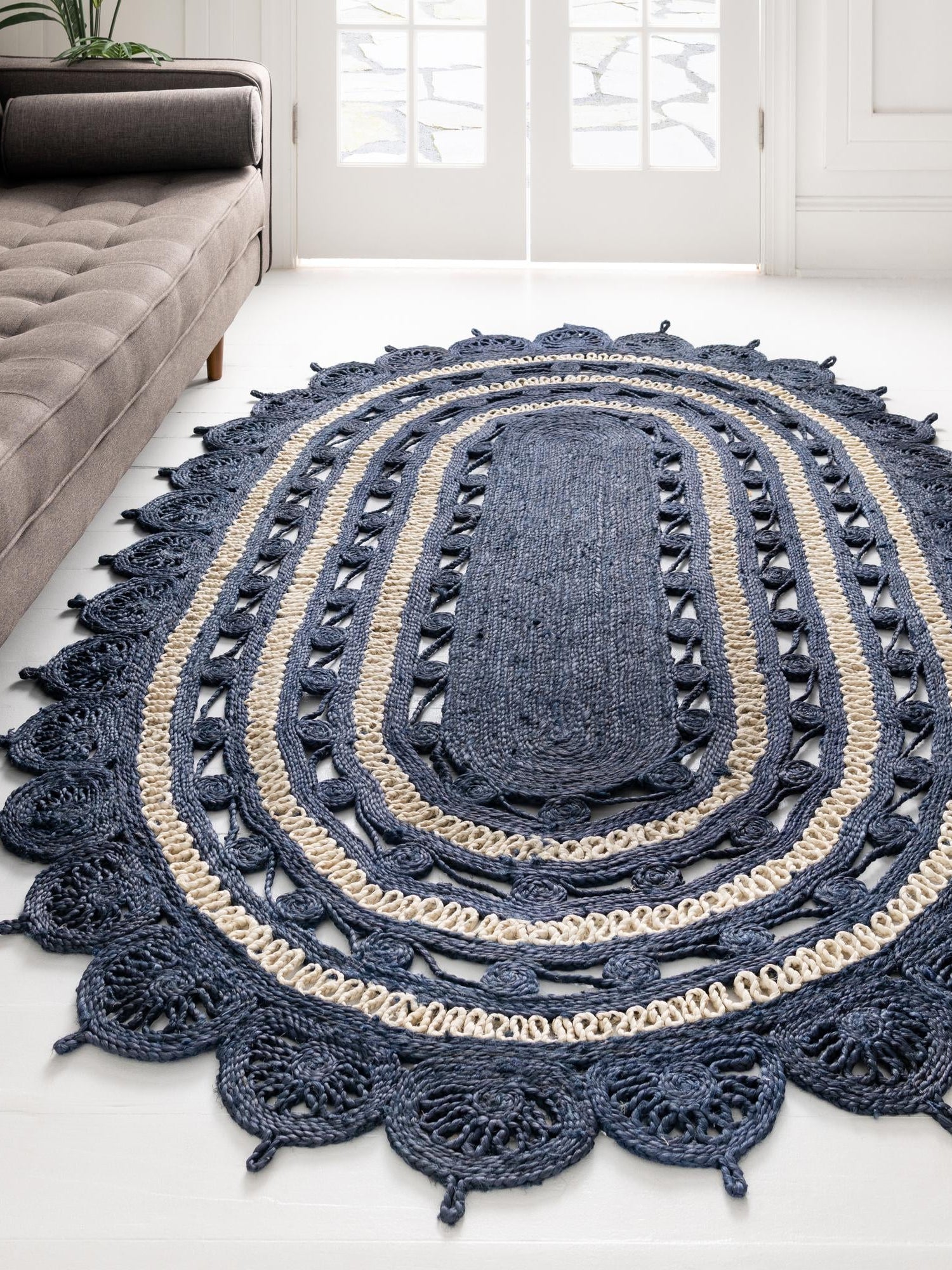 Navy Blue and White 4' 1 x 6' 1 Braided Jute Oval Area Rug 100% Jute Hand Braided Natural Eco-Friendly Boho Style Carpet for Living Rooms Dining Office Space Dorms for Sale at Rug Engine