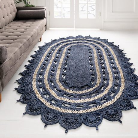 Navy Blue and White 4' 1 x 6' 1 Braided Jute Oval Area Rug 100% Jute Hand Braided Natural Eco-Friendly Boho Style Carpet for Living Rooms Dining Office Space Dorms for Sale at Rug Engine