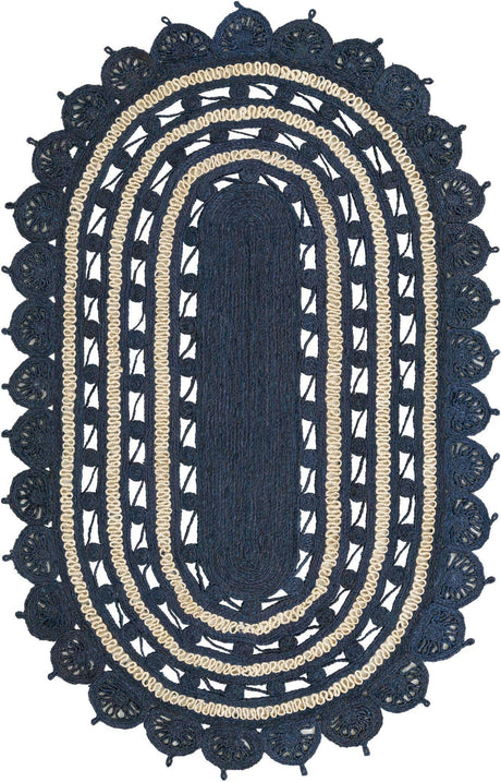 Navy Blue and White 5' 1 x 8' Braided Jute Oval Rug