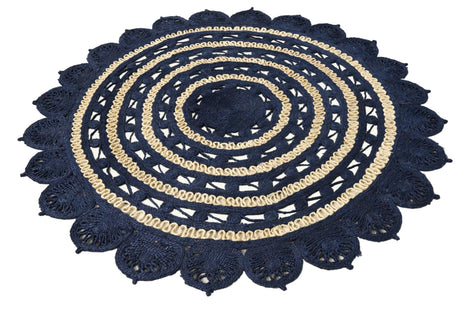 Navy Blue and White 6' 1 x 6' 1 Braided Jute Round Area Rug 100% Jute Hand Braided Natural Eco-Friendly Boho Style Carpet for Living Rooms Dining Office Space Dorms for Sale at Rug Engine