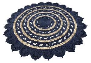 Navy Blue and White 6' 1 x 6' 1 Braided Jute Round Rug