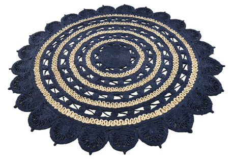 Navy Blue and White 6' 1 x 6' 1 Braided Jute Round Area Rug 100% Jute Hand Braided Natural Eco-Friendly Boho Style Carpet for Living Rooms Dining Office Space Dorms for Sale at Rug Engine