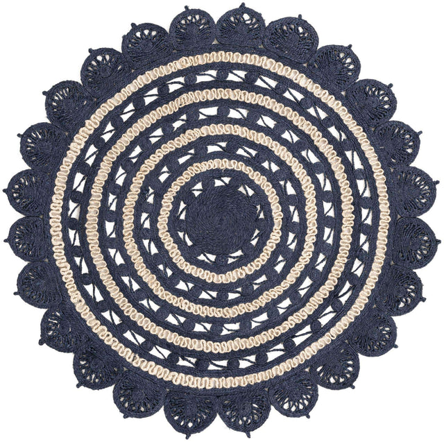 Navy Blue and White 6' 1 x 6' 1 Braided Jute Round Rug